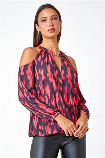 Pink Abstract Print Cold Shoulder Stretch Top