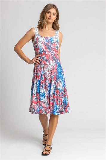 Red Tropical Print Fit And Flare Dress, Image 3 of 4
