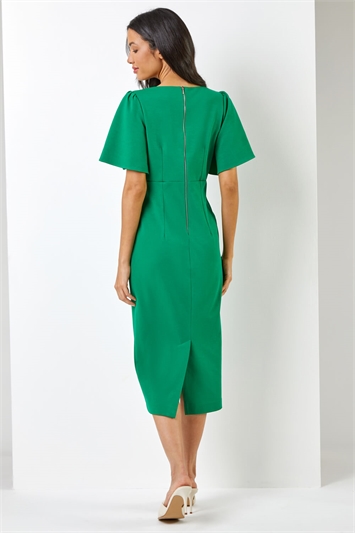 Green Gathered Wrap Front Midi Dress, Image 2 of 5