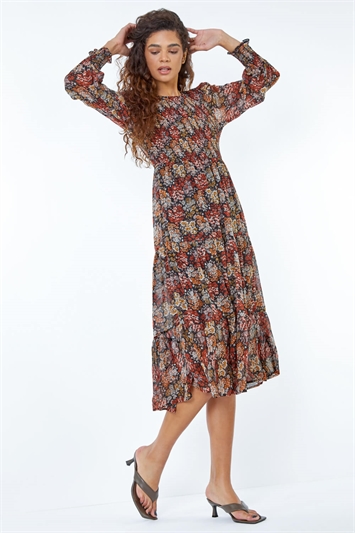 Rust Floral Print Tiered Shirred Midi Dress, Image 2 of 5