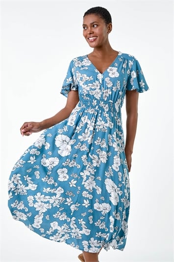 Blue Floral Print Tiered Midi Dress