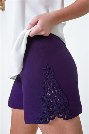 Purple Lace Trim Stretch Elastic Waist  Shorts