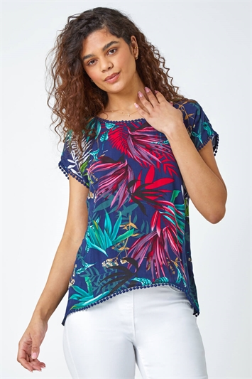 Multi Tropical Print Bobble Trim T-Shirt