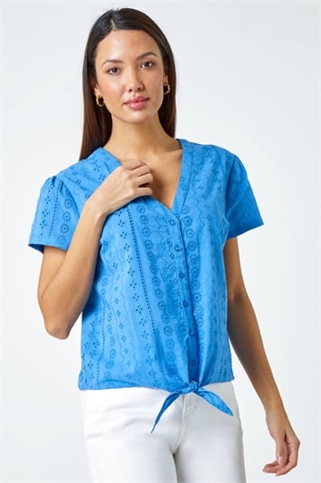 Blue Tie Front Cotton Broderie V-Neck T-Shirt
