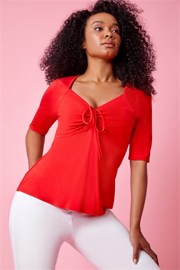 Red Petite Ruched Ribbed Stretch Top