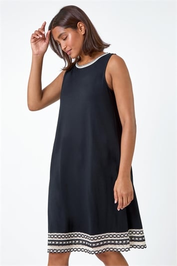 Black Embroidered Trim Stretch Jersey Shift Dress