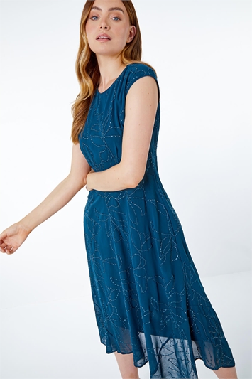 Blue Embroidered Sequin Hanky Hem Dress