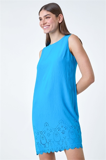 Blue Floral Hem Textured Shift Dress