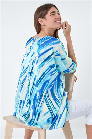 Blue Abstract Stripe Button Back Top