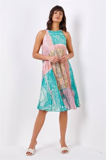 Light Pink High Neck Paisley Pleated Swing Dress, Image 4 of 5