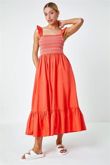 Orange Frill Detail Shirred Stretch Midi Dress