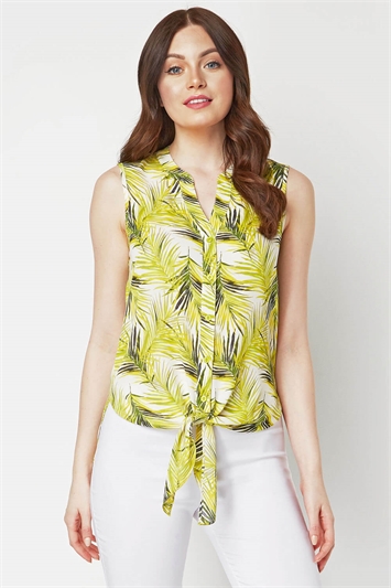 Green Tropical Tie Front Button Detail Blouse