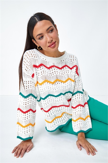 Multi Cotton Blend Stripe Print Crochet Jumper