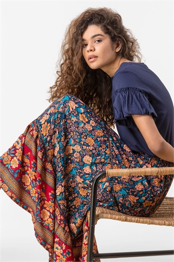 Navy Floral Border Print Maxi Skirt