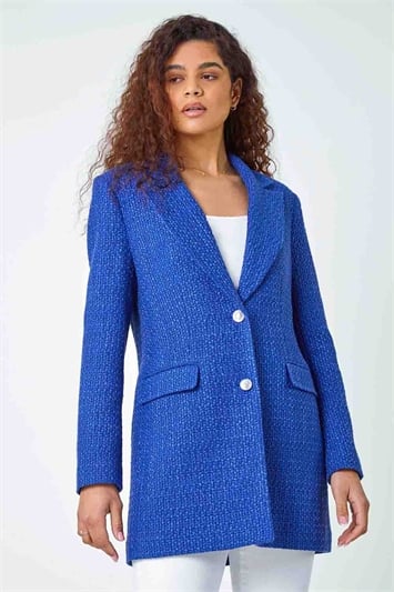 Blue Longline Boucle Textured Jacket