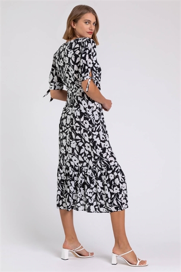 Black Tiered Floral Print Wrap Dress, Image 2 of 4