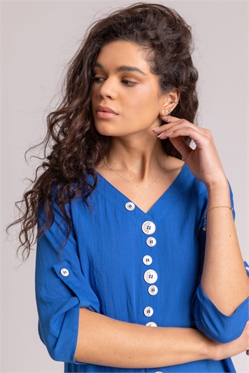 Royal Blue Asymmetric Abstract Button Detail Top, Image 4 of 4