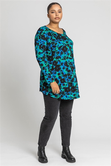 Green Curve Shadow Floral Print Jersey Top, Image 3 of 4
