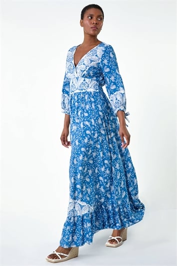 Blue Paisley Print Frill Hem Maxi Dress