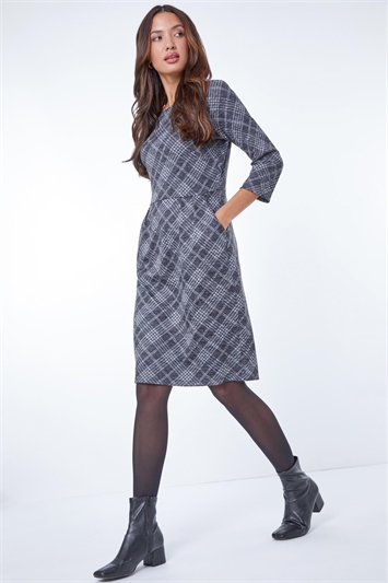 Grey Checked Pleat Front Dress
