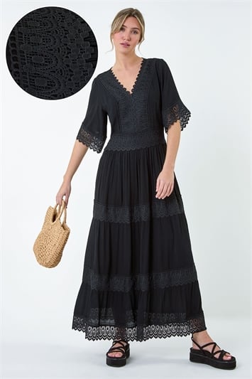 Black Tiered Lace Detail Maxi Dress