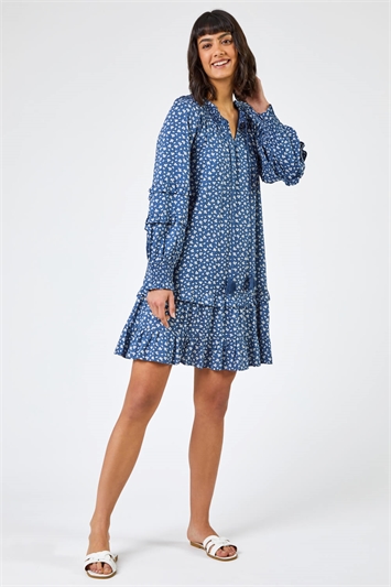 Blue Ditsy Floral Print Tunic Dress, Image 3 of 5