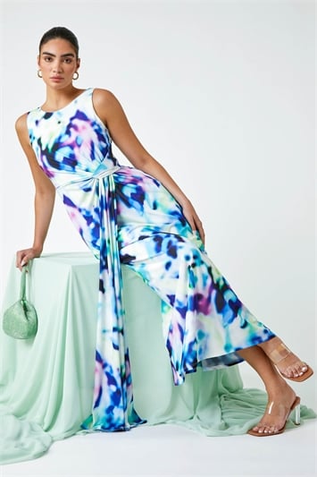 Blue Abstract Print Twist Drape Ruched Maxi Dress