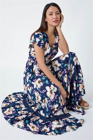 Blue Floral Print Shirred Waist Maxi Dress