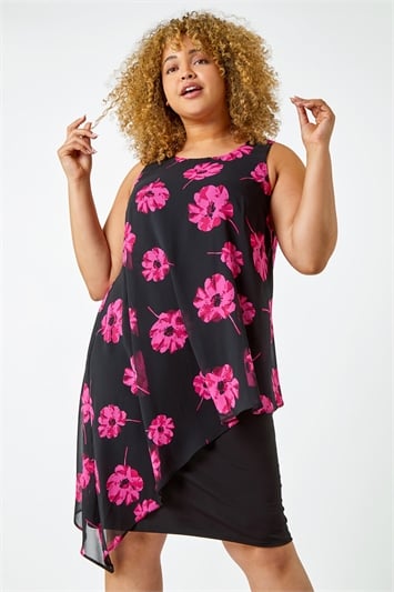 Pink Curve Sleeveless Floral Overlay Dress