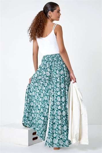 Green Floral Leaf Shirred Palazzo Stretch Trouser