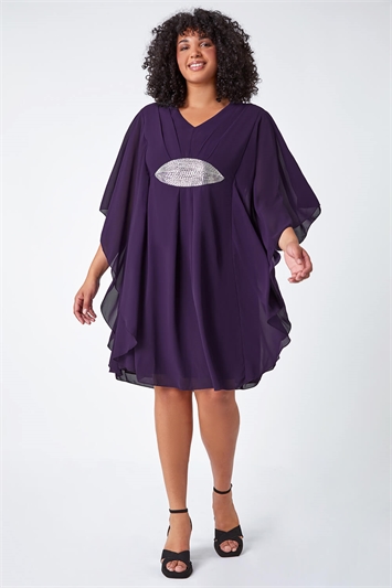 Purple Curve Embellished Chiffon Overlay Dress