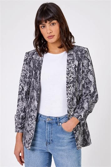 Grey Animal Ruched Sleeve Blazer Jacket