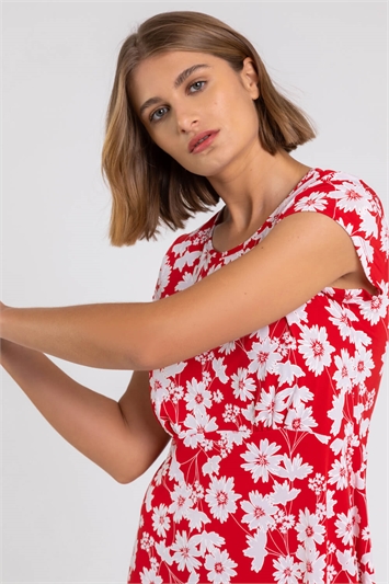 Red Floral Print Stretch Jersey Tea Dress, Image 4 of 4