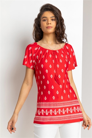 Red Paisley Print Short Sleeve Top, Image 1 of 4