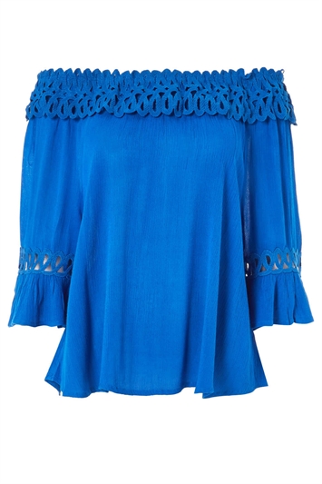 Royal Blue Lace Trim Bardot Top , Image 5 of 5