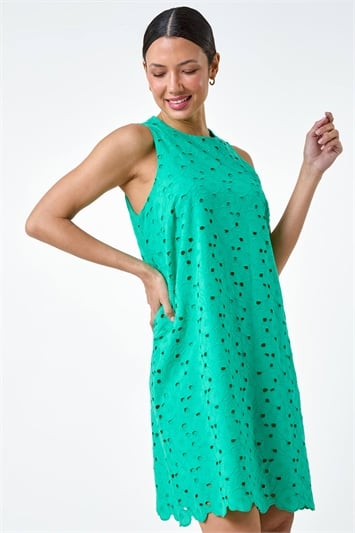 Green Cotton Embroidery Detail Shift Dress