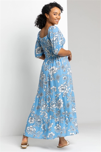 Blue Petite Floral Print Shirred Bodice Maxi Dress, Image 2 of 4