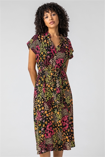 Multi Contrast Floral Print Shirt Dress, Image 5 of 5