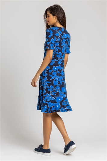 Royal Blue Floral Button Stretch Tea Dress, Image 2 of 4