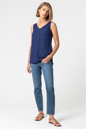 Blue Button Front Sleeveless Top, Image 3 of 4