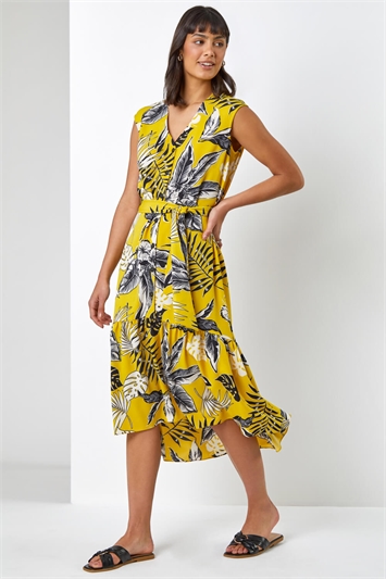 Yellow Tropical Print Dipped Hem Dress, Image 3 of 5