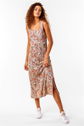 Khaki Floral Print Jersey Maxi Dress