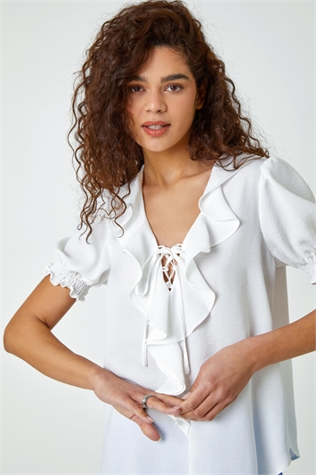 White Ruffle Front Tie Detail Blouse