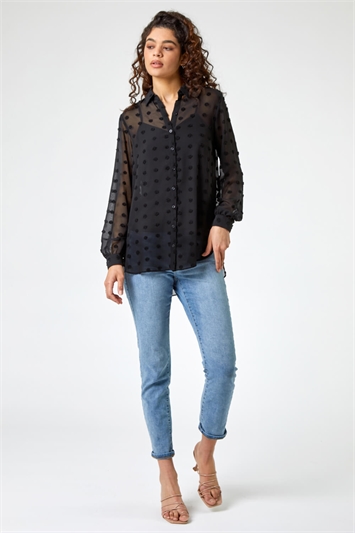 Black Textured Spot Button Up Blouse, Image 4 of 5