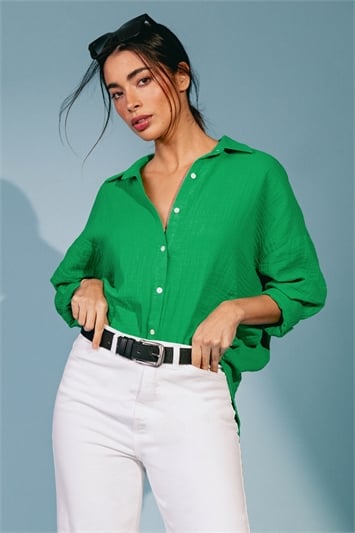 Green Cotton Textured Button Shirt