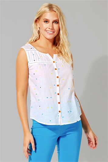 Ivory Embroidered Sleeveless Button Blouse