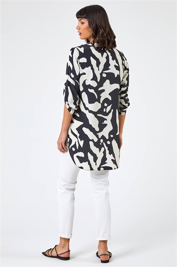 Black Abstract Print Notch Neck Blouse, Image 2 of 5