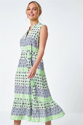 Green Geometric Print Midi Shirt Dress