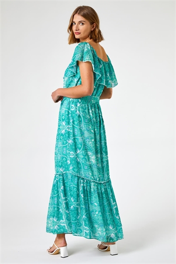 Teal Paisley Print Tiered Maxi Dress, Image 3 of 5