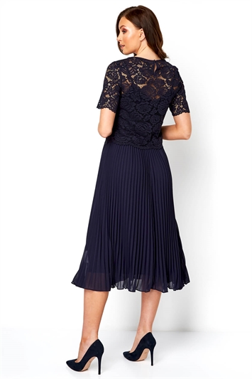Navy Lace Top Overlay Pleated Midi Dress, Image 3 of 5